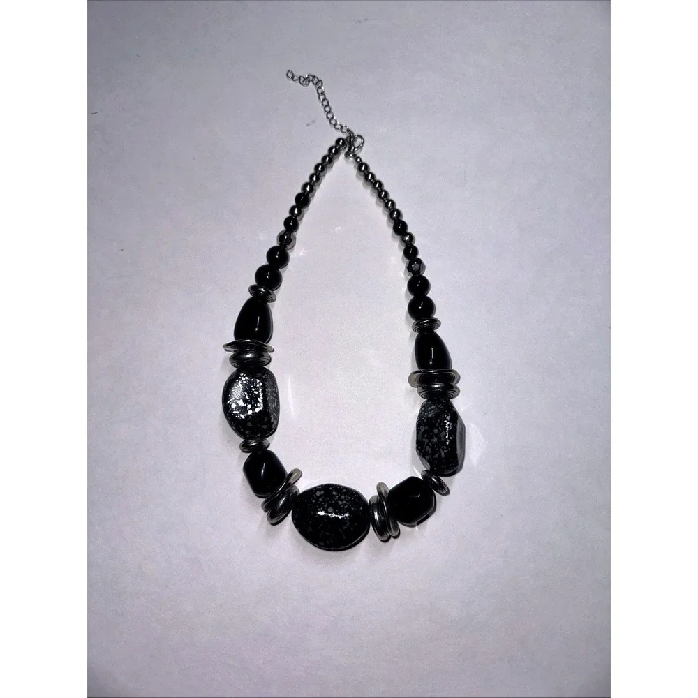 Statement Necklace Women OS Black Silver Speckled Chunky Bib Excellent